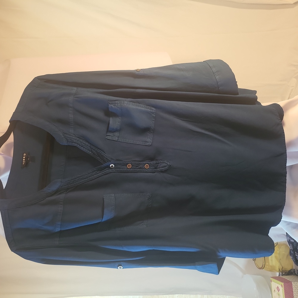 2X Torrid Teal long sleeves woven fabric tunic front pockets #0084